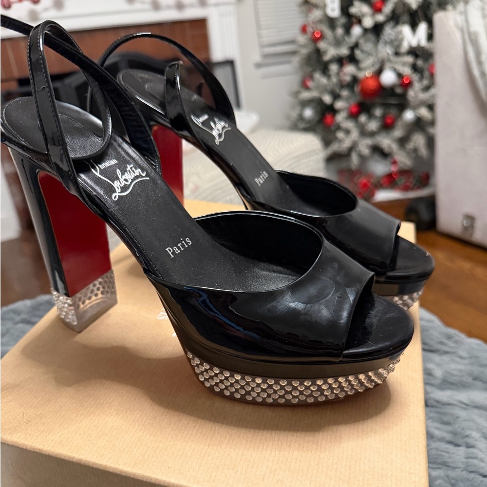 Christian Louboutin Black Platform Peep-Toe Heels with Silver Accents